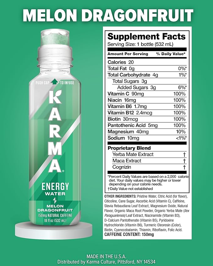 Karma Energy Drink – 12 Pack, Melon Dragonfruit Caffeinated Water with Cognizin® Nootropics, Vitamins & Immune Support, Low Calorie