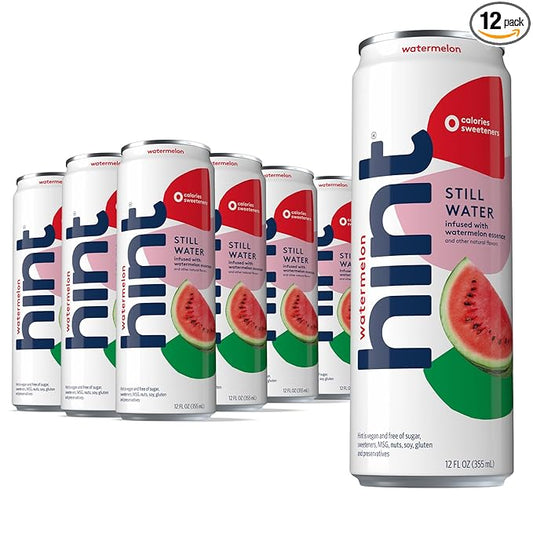 Hint Watermelon Canned Flavored Water, Pure Still Water Infused with Watermelon Essence, 12 oz Slim Cans, Zero Sugar, Calories, Sweeteners, Preservatives, or Artificial Flavors (Pack of 12)