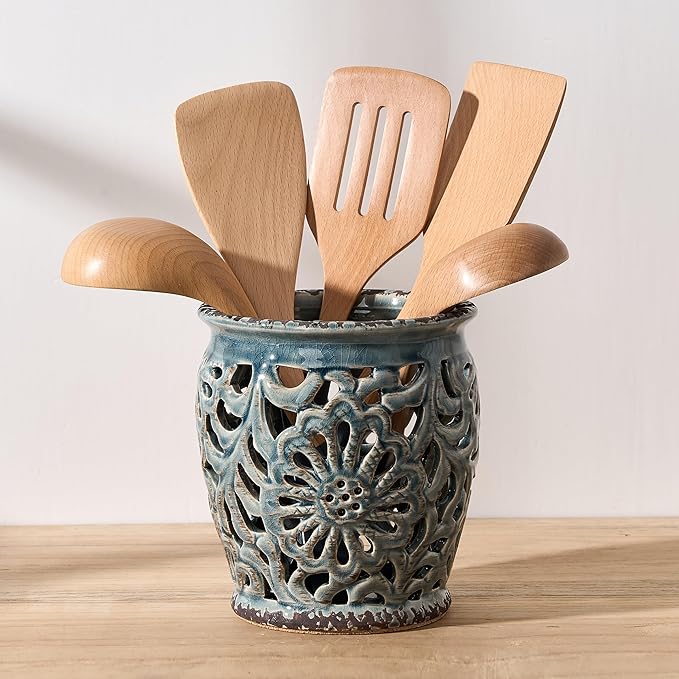 Farmhouse Kitchen Utensil Holder for Kitchen Counter, Ceramic Large Cooking Utensil Crock with Cork Mat, Decorative Rustic Utensil Organizer for Countertop, Spatula, Grayish Blue