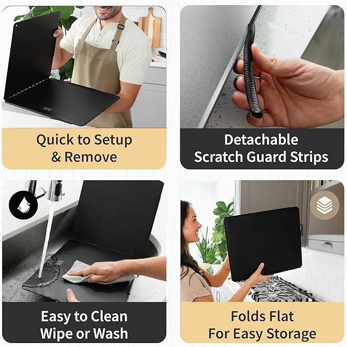 Extra Large Stainless Steel Oil Splash Guard, Heavy-Duty Nonstick Stove Backsplash Protector for Stove Top & Frying [Set of 2 with 2 Panels each - 15.7” x 15.7”] with Spoon Rest.