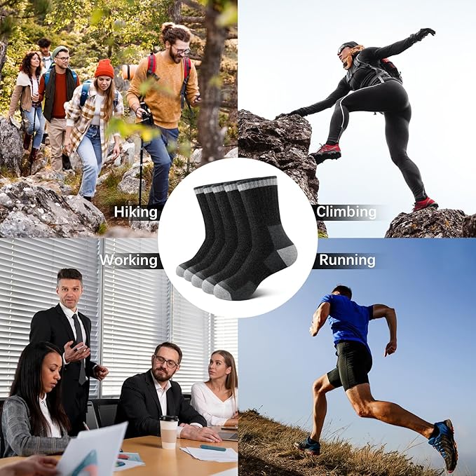 BESTENA Merino Wool Hiking Socks for Men 5 Pairs Thermal Warm Winter Thick Cushion Moisture Wicking Crew Boot Socks