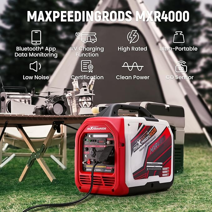 maXpeedingrods 4000 Watt Portable Inverter Generator Gas Powered, Bluetooth® App Remote Data Monitor,with CARB Compliant, Compact and Lightweight for Home Backup, Outdoor Camping, RV
