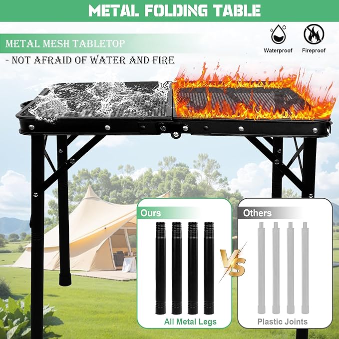 Small Folding Grill Table for Outside, 3 Heights Adjustable Lightweight Portable Metal Outdoor Grill Table for Camping Picnic Cooking BBQ, Black