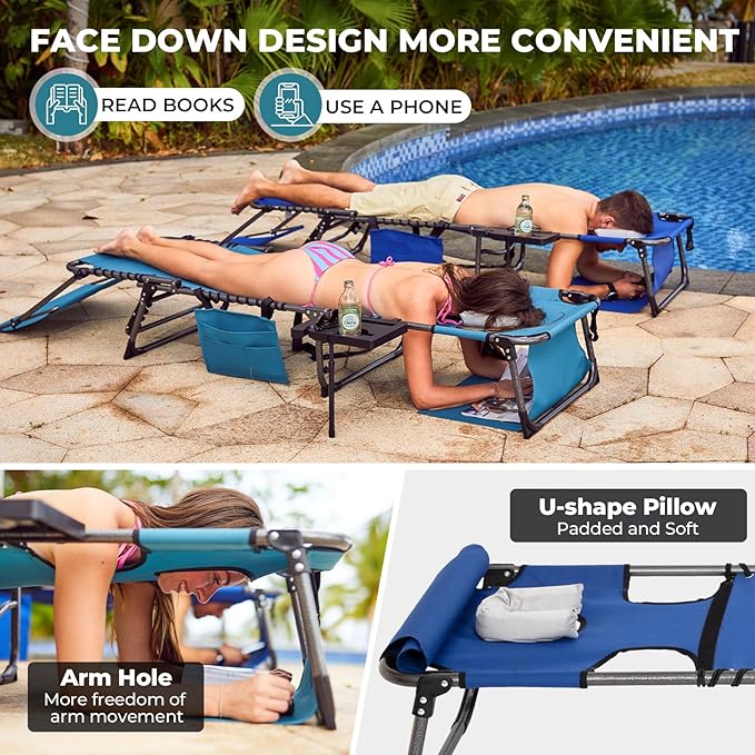 FUNDANGO 4 in 1 Tanning Chair with Face Hole, Beach Lounge Chair w/Canopy Shade & Side Table Chaise Lounge Chairs for Patio, Pool, Lawn, Sunbathing, 5-Position Adjustable Sun Lounger, Set of 2 Blue
