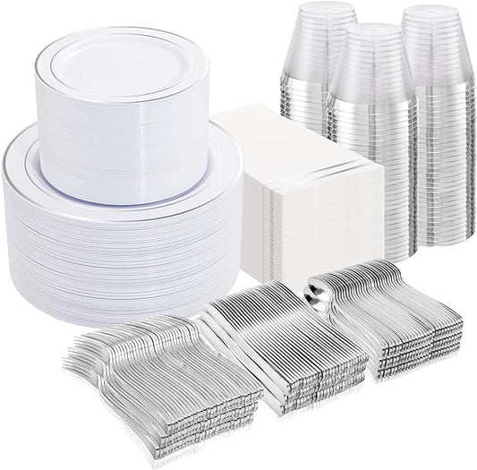 NOCCUR 700PCS Silver Plastic Plates Disposable for 100 Guests - Include 100 Dinner/Dessert White Plastic Plates with Silver Trim,300 Cutlery,100 Cups,100 Napkins for Party&Christmas