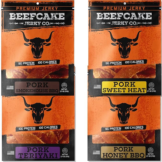 BEEFCAKE Jerky Pork Lover Variety Pack, Includes Beef Jerky Sweet Heat, Teriyaki, Honey BBQ & Smokehouse, 9 Gram of Protein & 100 Calories 2.7 Oz | Pack of 4