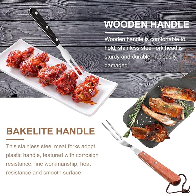 2 Pieces Meat Fork Stainless Steel Carving Fork with Wood Handle Cooking BBQ Grill Steak Tool for Kitchen Barbecue Serving Cooking Grilling Roasting 10.5 Inches, Round Handle