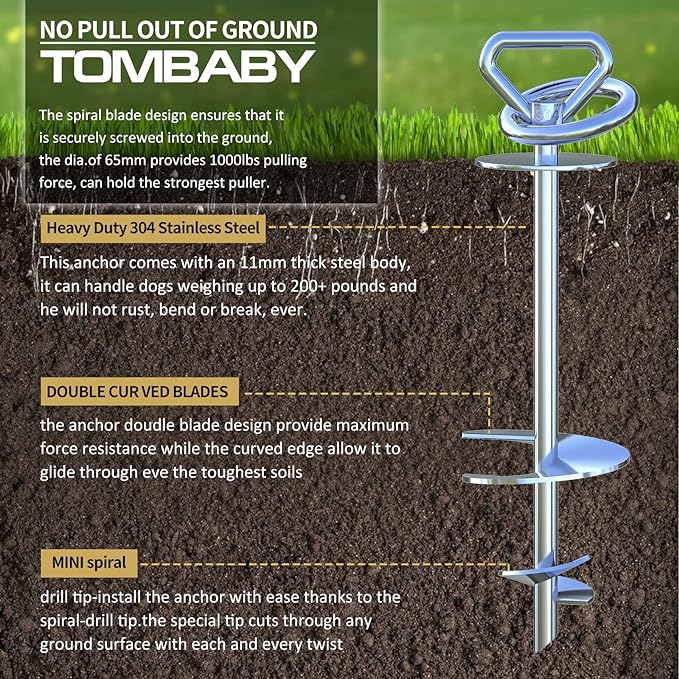 TOMBABY Heavy Duty Quality Dog Stake-Dog Tie Out Stake, Dog Stake Allows Dogs Up to 200 lbs, Dog Stakes for Outside Beach,Camping, Yard, 360° Swivel Dog Anchor | Use for Any Dog Tie Out Cable