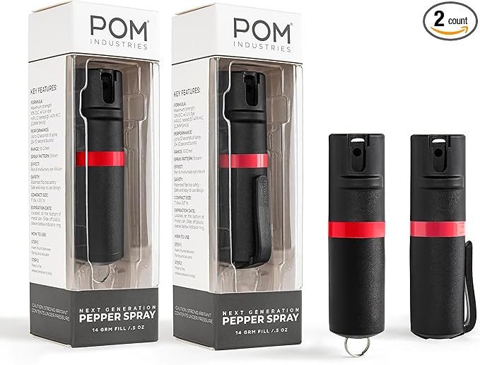POM Pepper Spray Combo Pack Clip & Keychain - Maximum Strength OC Spray Self Defense- Tactical Compact & Safe Design - 25 Bursts & 10 ft Range - Stream Spray Pattern
