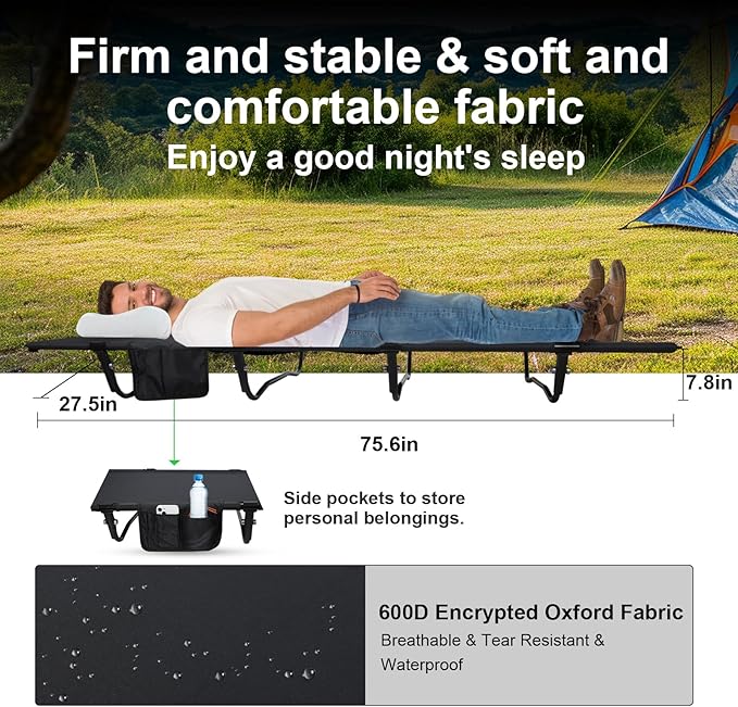 Ultralight Camping Cot, Camping Cots for Adults, Supports 352lbs, Portable Folding Backpacking Cot for Camping, Outdoor Travel, Hiking, Home, Mountaineering, Black