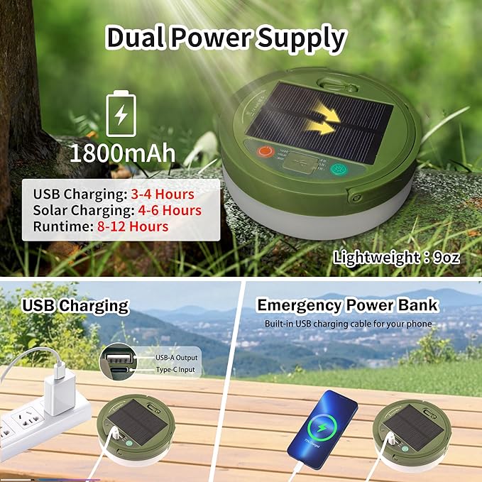 Solar Camping String Lights, 33FT 100LED Quick Storage Rechargeable Tent Lights with 9 Lighting Modes, Portable Camping Fairy Lights Waterproof for Outdoor Patio Garden Party Decorations