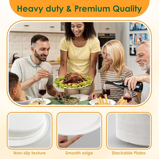 100% Compostable Oval Paper Plates, 12.5Inch 50Pack Disposable Heavy Duty Bagasse Platters Eco-Friendly Biodegradable Sugarcane Plates for BBQ, Party, Picnic - Off White