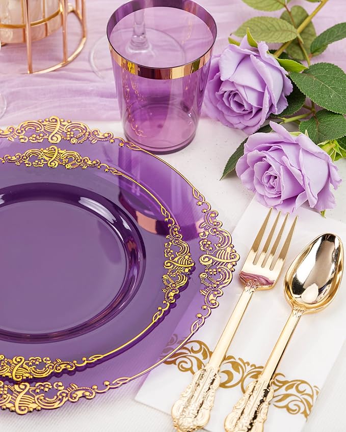 Nervure 175PCS Clear Purple Plastic Plates - Purple Party Plates Set for 25 Guests Include 25Dinner Plate, 25Dessert Plate, 25Cups, 75 Cutlery, 25Napkins Perfect for Wedding & Party