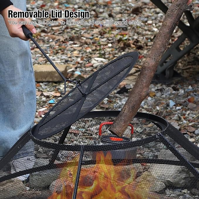 Lineslife Fire Pit Spark Screen 36 Inch Round with Removable Lid, Heavy Duty Collapsible Outdoor Fire Pit Mesh Screens, Metal Firepit Cover for Patio Backyard Beach RV Camping, Black