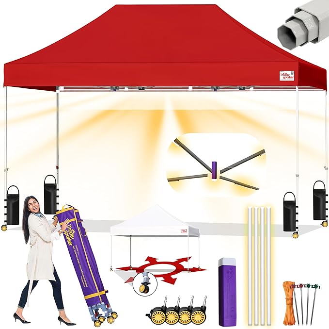 Tradesparker 8x12 Pop Up Canopy Tent,Easy up Commercial Canopy Tent Instant Shelter for Beach Events Parties Camping Market,Pop Up Canopies with LED Curtain+Casters+Weight+Stakes,Red