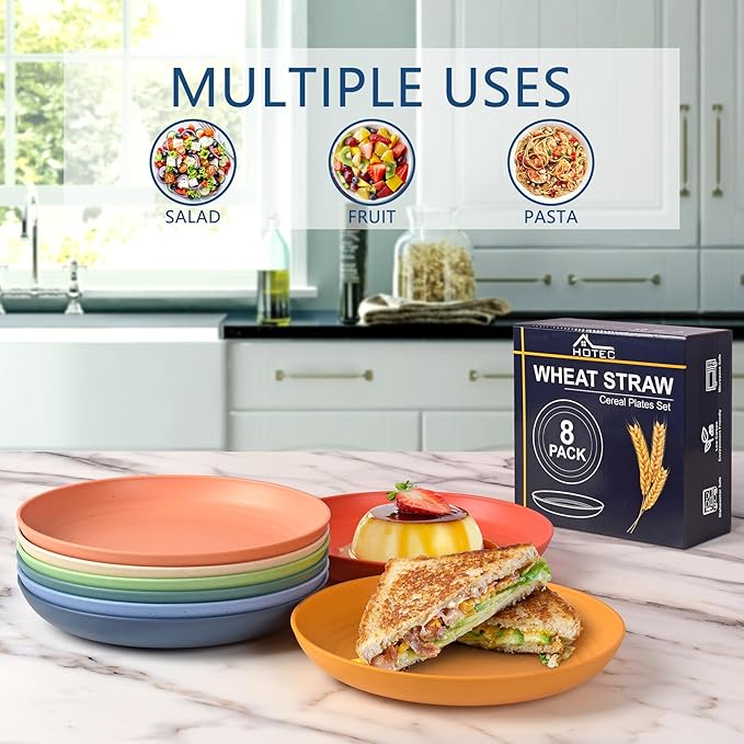 HOTEC 8-Pack 10inch BPA Free Unbreakable Deep Dinner Plates, Wheat Straw Plastic Plates Dishwasher Safe Kitchen Plates Dinnerware Multicolor