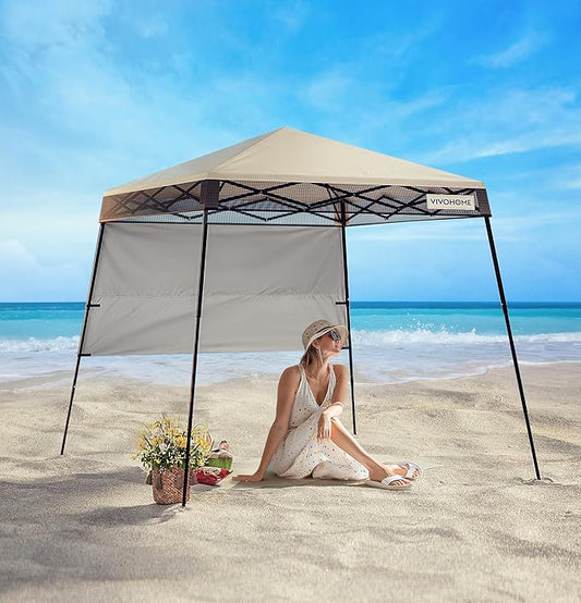 VIVOHOME 8x8ft Pop-Up Canopy Tent with Central Lock Design, Slant Legs, Backpack, and Side Wall, Portable Shelter for Camping, Party, Yard, and Beach Events, Beige