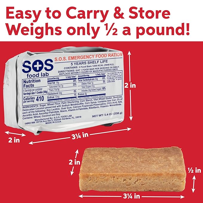 SOS Food Lab Emergency Food Bar - 1200 Calorie Ration (Shortbread Cookie) - 1 Day/24 Hour Ready to Eat Supply for Camping, Hiking, Disaster Preparedness - 5 Year Shelf Life High Energy Survival Food