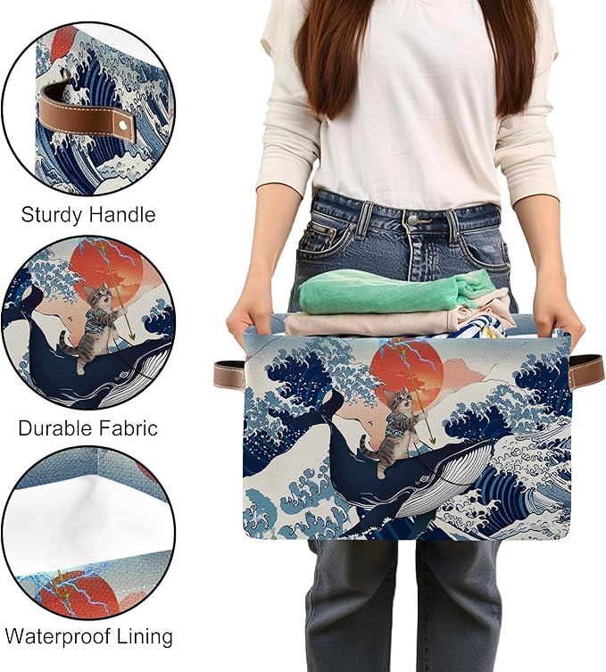 Funny Cat Riding Whale Collapsible Storage Basket - Cute Cat Whale Storage Box with Handles, Foldable Organizer for Toys & Clothes - Decorative Gift Basket for Nursery, Kids Room, Home Organization