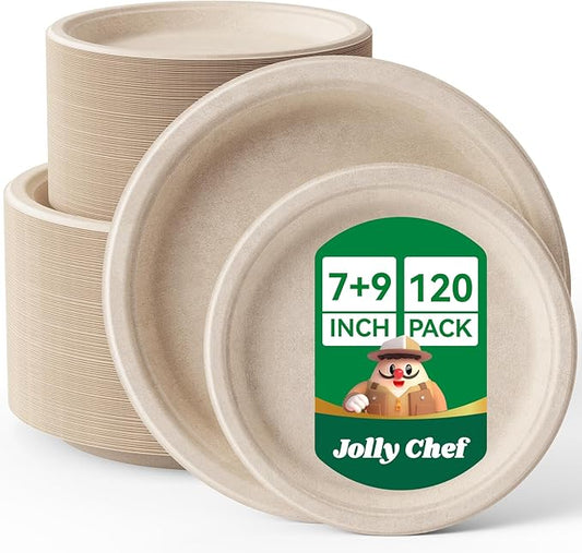 JOLLY CHEF Compostable Heavy Duty Plates 𝟳 𝗶𝗻𝗰𝗵 𝗮𝗻𝗱 𝟵 𝗶𝗻𝗰𝗵 [𝟭𝟮𝟬 𝗣𝗮𝗰𝗸] Eco-Friendly Disposable Paper Plates Bagasse Biodegradable Sugarcane Fibers Round Bulk for Party Dinner(Brown)