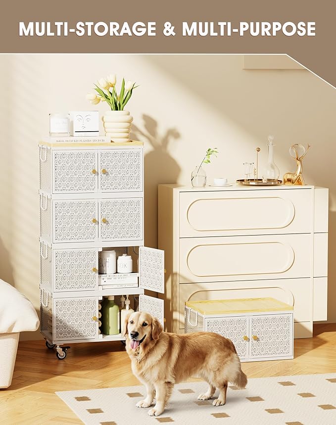 4 Tier Metal Storage Bins and Boxes Organizer, Magnetic Doors & 360°Swivel Lockable Wheels, Easy,labor-Saving, Ocean Life Cutout Pattern, Eco-Aesthetic for Living Room,Bedroom,bathroom,kitchen