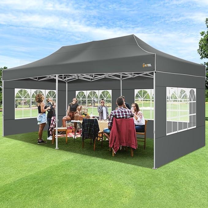 HOTEEL 10x20 Pop up Canopy Tent for Parties, Heavy Duty Easy Setup Tent with 6 Sidewalls, Outdoor Commercial Instant Gazebo for Wedding Event, with Roller Bag & Sand Bags, Grey(Hexagonal Frame)