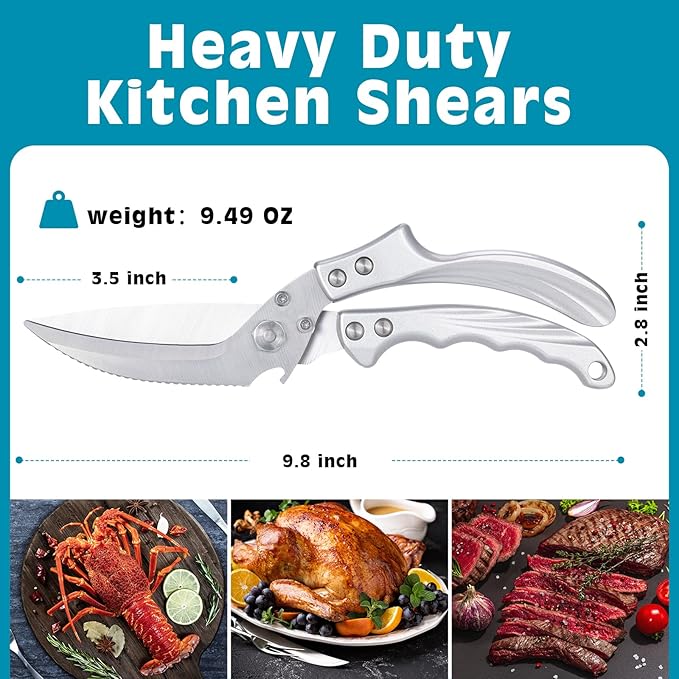 Kitchen Shears Heavy Duty - All Purpose Poultry Shears Stainless Steel Kitchen Scissors for Chicken, Bone, Meat, Turkey, Fish, Scissor for Cutting Cooking, Dishwasher Safe (Silver)