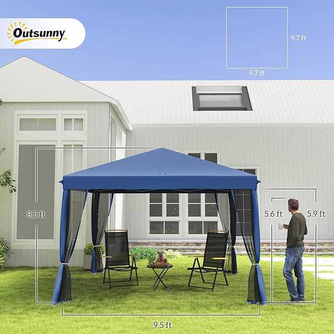 Outsunny 10' x 10' Pop Up Canopy Tent with Netting, Instant Gazebo, Screen House Room with Carry Bag, Height Adjustable, for Outdoor, Garden, Patio, Camping, Blue