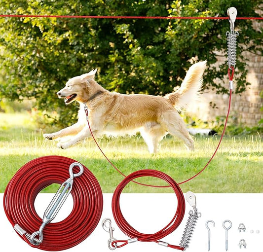 120FT Dog Runner for Yard with 10FT Tie Out Cable - Heavy Duty Trolley System for Large Dogs Up to 250LBS, Backyard/Park/Camping Use (Red, 120FT+10FT)