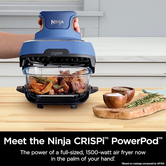 Ninja Crispi 5-in-1 Portable Glass Air Fryer Cooking System, 1500W, 6-Cup, 4-Quart & 2.5-Quart TempWare Containers With Lids, Microwave, Freezer & Dishwasher Safe, Blue, FN103CO