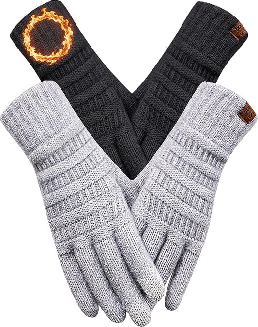 REACH STAR 2 Pairs Winter Gloves for Women - Upgraded Touch Screen Warm Knit Gloves Cold Weather, Soft Fleece Lining Elastic