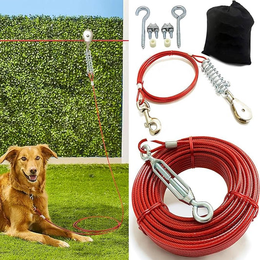 Heavy Duty Aerial Dog Tie Out Trolley System for Small to Large Dogs - 100ft Run Cable Zipline with 10ft Runner Cable Great for Yard Camping Outdoor (Red, 100 ft for one Dog up to 200 lbs)
