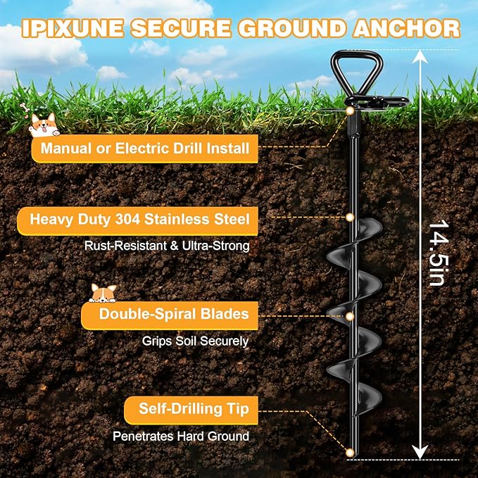 Heavy Duty Dog Tie Out Stake Kit - 30ft Tether with Ground Anchor, Brush, Handle, Storage Bag & Drill Bit - Secure Outdoor Pet Containment for Yard, Camping(Black)