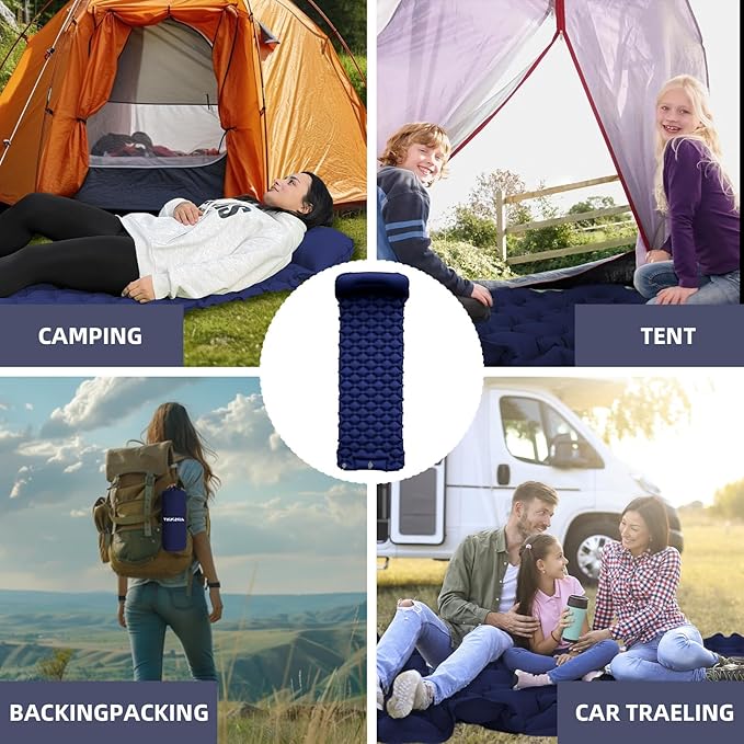Inflatable Sleeping Pad with Pillow for Camping-Built in Foot Pump Fast Inflation-Ultralight Upgraded Durable Compact Sleeping Mat Moisture Proof Air Mattress for Backpacking,Hiking,Travel,Tent