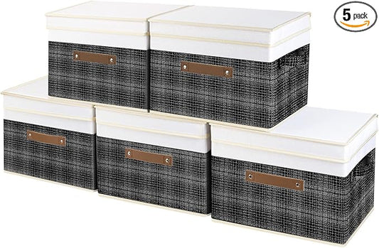 TYEERS Collapsible Storage Bins with Lids, Patchwork Design, Washable, Fabric Storage Boxes, 14.9x9.8x9.8 inches, 5 Pack, Black