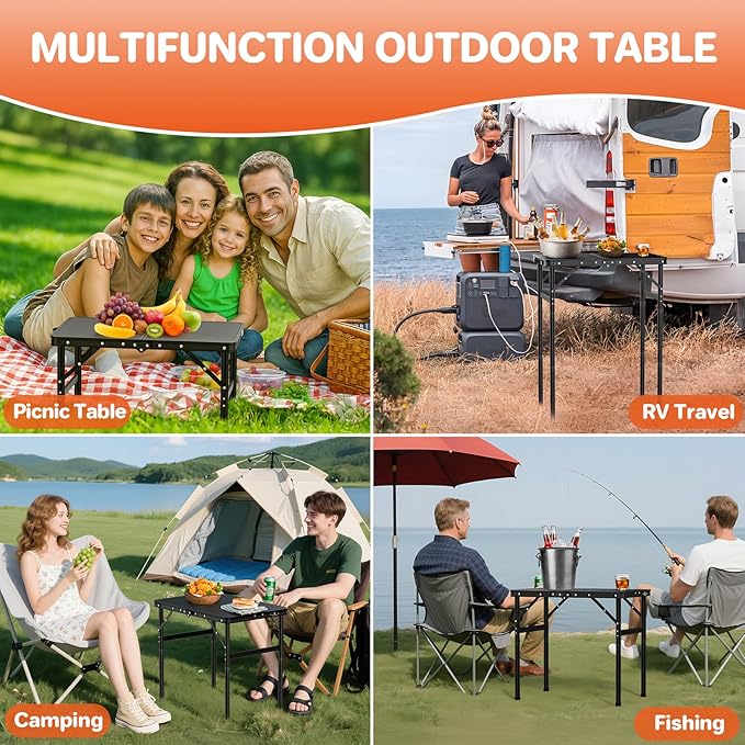 FUNYKICH Max 29.4'' Tall Camping Tables(23.6''Lx15.7''W), 3 Adjustable Height Small Folding Table, Ultra-Light Aluminum Portable Table with Carry Handle for Car Camping, Backyard Party, Beach, Picnic