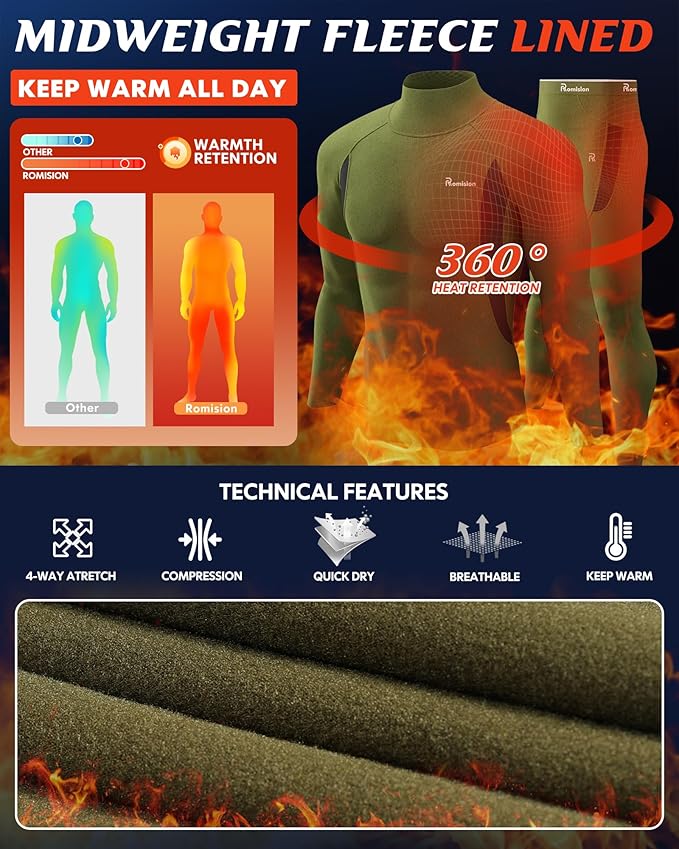 romision 2 Pack Thermal Underwear for Men Long Johns Fleece Lined Hunting Gear Bottom Top Set Base Layer Cold Weather XS-4XL