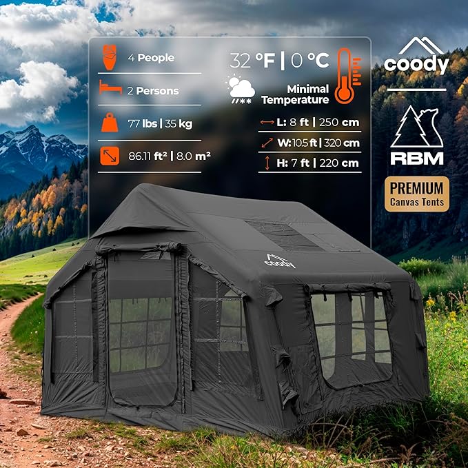 Coody | Rbm Outdoors Koala/Hub/Octopus Inflatable Tents for Camping with Stove Jack, 2/8/10 Person Luxury Canvas Blow Up Tent, 2 Room, Easy Setup Casa de Campaña, Large Inflatable House with Pump