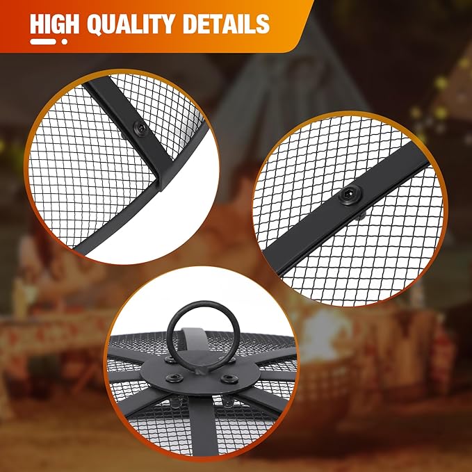 Lineslife Fire Pit Screen 36 Inch Round, Heavy Duty fire pit spark screen with Handle & Poker, Outdoor Firepit Screen Mesh Cover, Collapsible Metal Fire Pit Lid Top for Patio Backyard Beach RV Camping