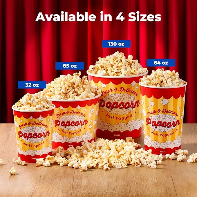 Fit Meal Prep 25 Pack Classic Paper Popcorn Buckets Disposable, 64 Oz Grease Resistant Popcorn Bowls Cups for Machine Home Theater Carnival Movie Night