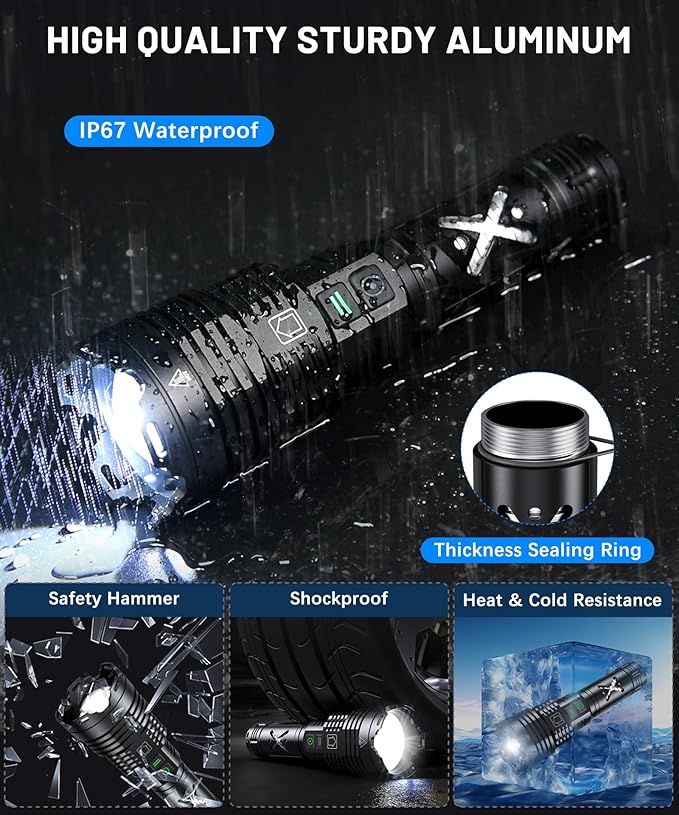 LED Rechargeable Flashlights High Lumens,6000.000 Lumens Super Bright Flashlight with Type-C Charging Port,6 Light Modes,Zoomable,IP67 Waterproof, Tactical Flashlight for Emergencies Camping