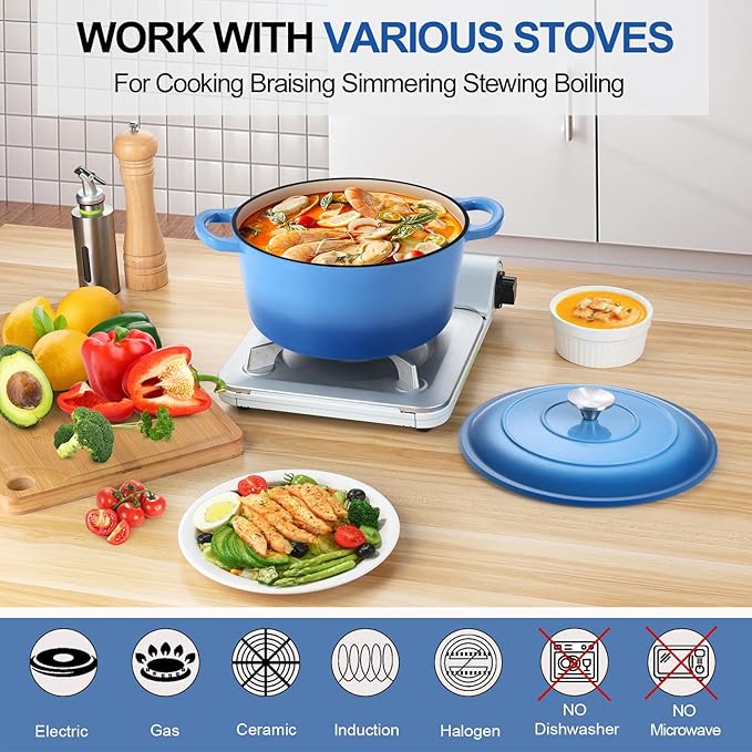 P&P CHEF 5QT Enameled Dutch Oven, Cast Iron Dutch Oven Pot with Lid for Bread Baking, Enameled Casserole Pot for Roasting Braising Stewing Frying Simmering, Various Stoves & Easy Clean, Blue