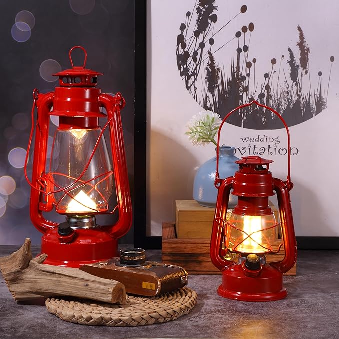 Hortsun 6 Pcs 12 Inch Vintage LED Hurricane Lantern Metal Red Outdoor Battery Operated Hanging Lantern with Warm LEDs and Dimmer Switch for Indoor Rustic Farmhouse Country Camping Decor