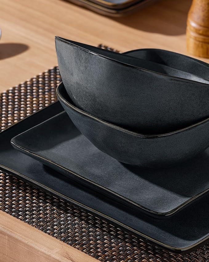 Famiware Dinnerware Sets for 4, Ocean Square 12-Piece Kitchen Plates and Bowls Sets, Microwave and Dishwasher Safe, Scratch Resistant, Matte Black