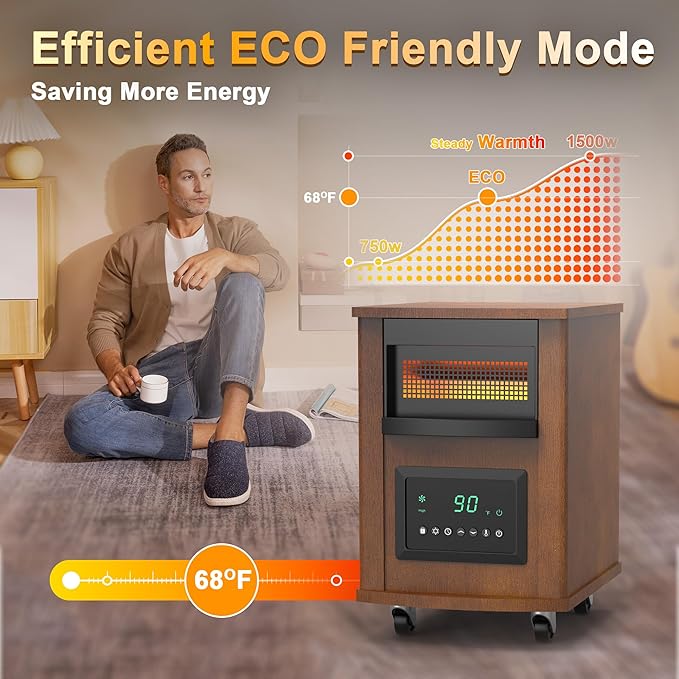 1500W Realsmart Space Infrared Heater for Indoor Use Large room Electric Quartz Heater with Remote Control Wheels LCD Display 3 Heating Modes 12H Timer Overheat Tip Over Protection Safe Coffe Brown