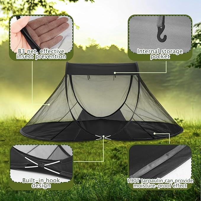 Pop up Mosquito Net Tents for Camping Instant Netting Screen Foldable Pop Tent with Ground Pin Waterproof Freestanding Insect Summer Bed Protection(86.61 x 41.34 x 35.43 inches,Black,2 Pcs)