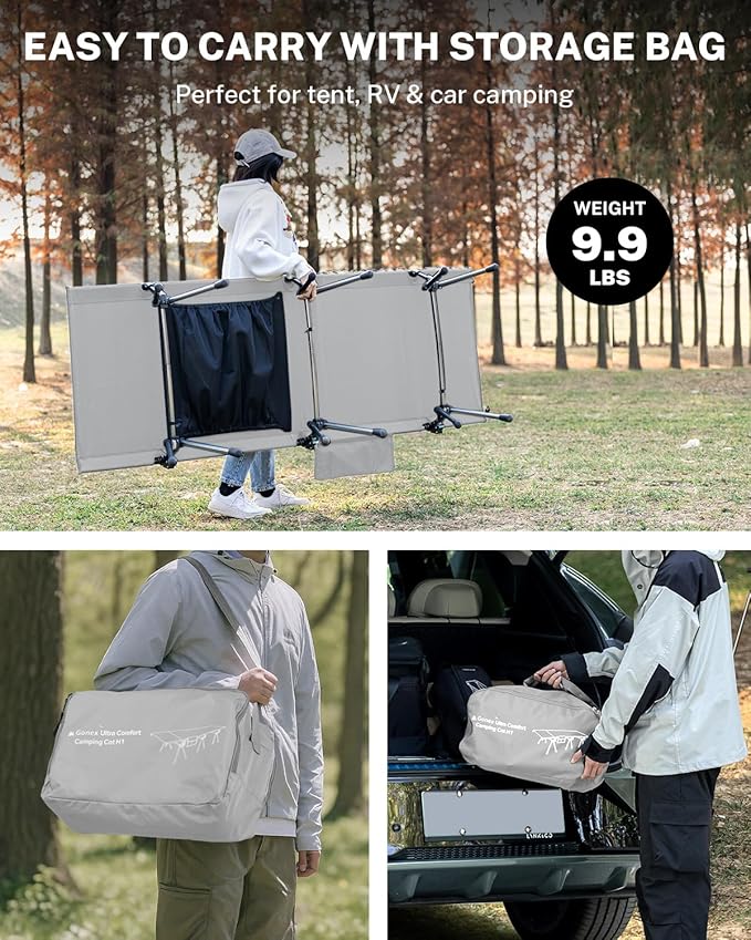 Gonex 31.5" Extra Wide Camping Cot with Leg Extenders 2 in 1 Portable Folding Cot for Adults Height Adjustable Supports 350lbs Sleeping Bed for Backpacking Travel Beach Home, Grey