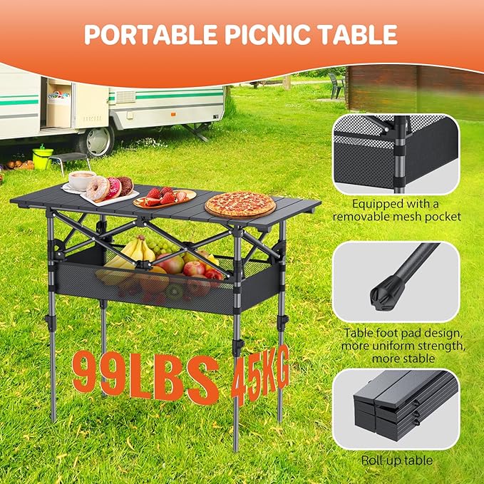 FUNYKICH Folding Camping Table(L32.3''xW15.7''), Aluminum Roll-up Portable Picnic Table with 2 Adjustable Height, Large Storage and Carrying Bag for Picnic, Camping, BBQ, Party, Backyard, Beach