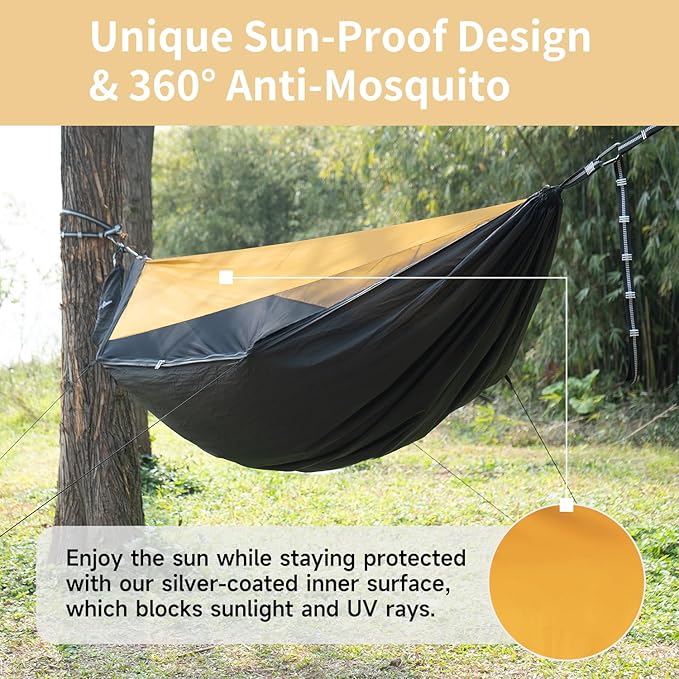 Camping Hammock with Mosquito Net and Sunshade, Backpacking Hammock with Ridge Rope Tree Straps, Lightweight Portable Hammocks for Outside, Hiking, and Travel
