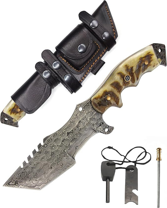 10.5” Damascus knife-Fixed Blade Hunting Knife with Sheath-Ram Horn Handle-Bushcraft, Survival & Camping knife- Ideal For EDC, skinning, Camping, Outdoor-Best Hunting Knives for Men